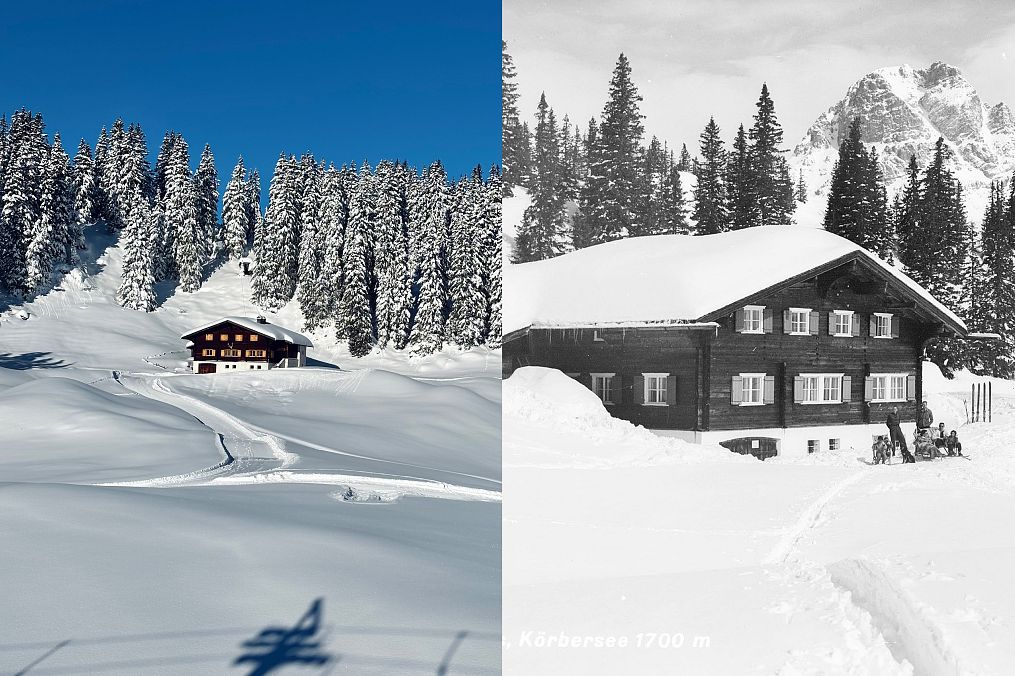 Comparison photo of an old farmhouse – then and now.