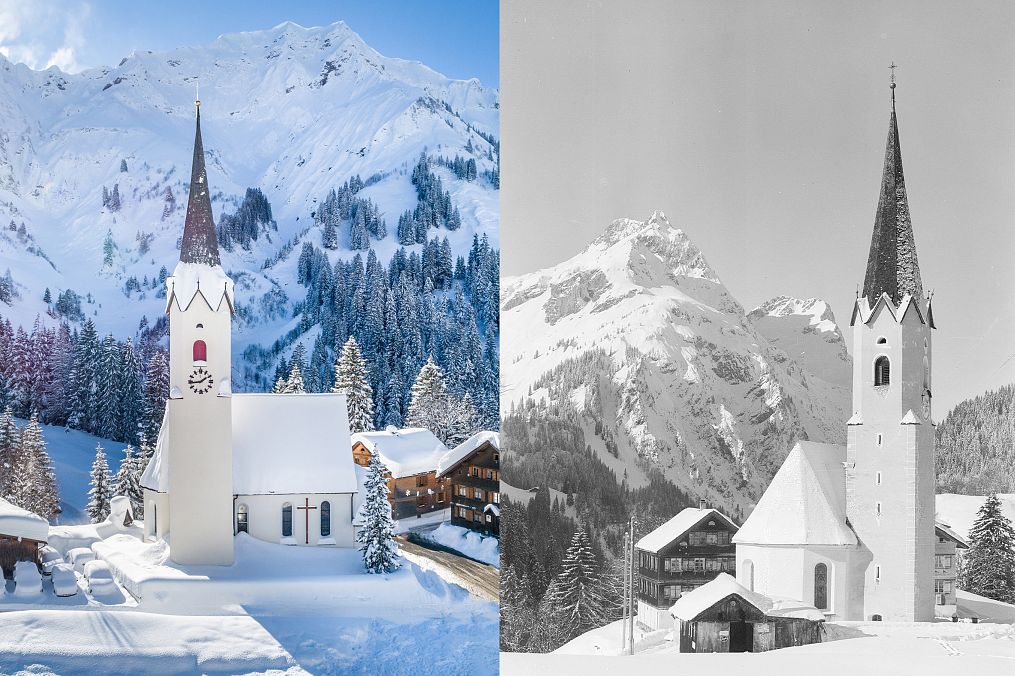 Comparison image of the church in Schröcken – then and now.