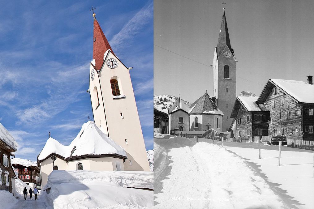 Comparison photo of the church in Warth – then and now.