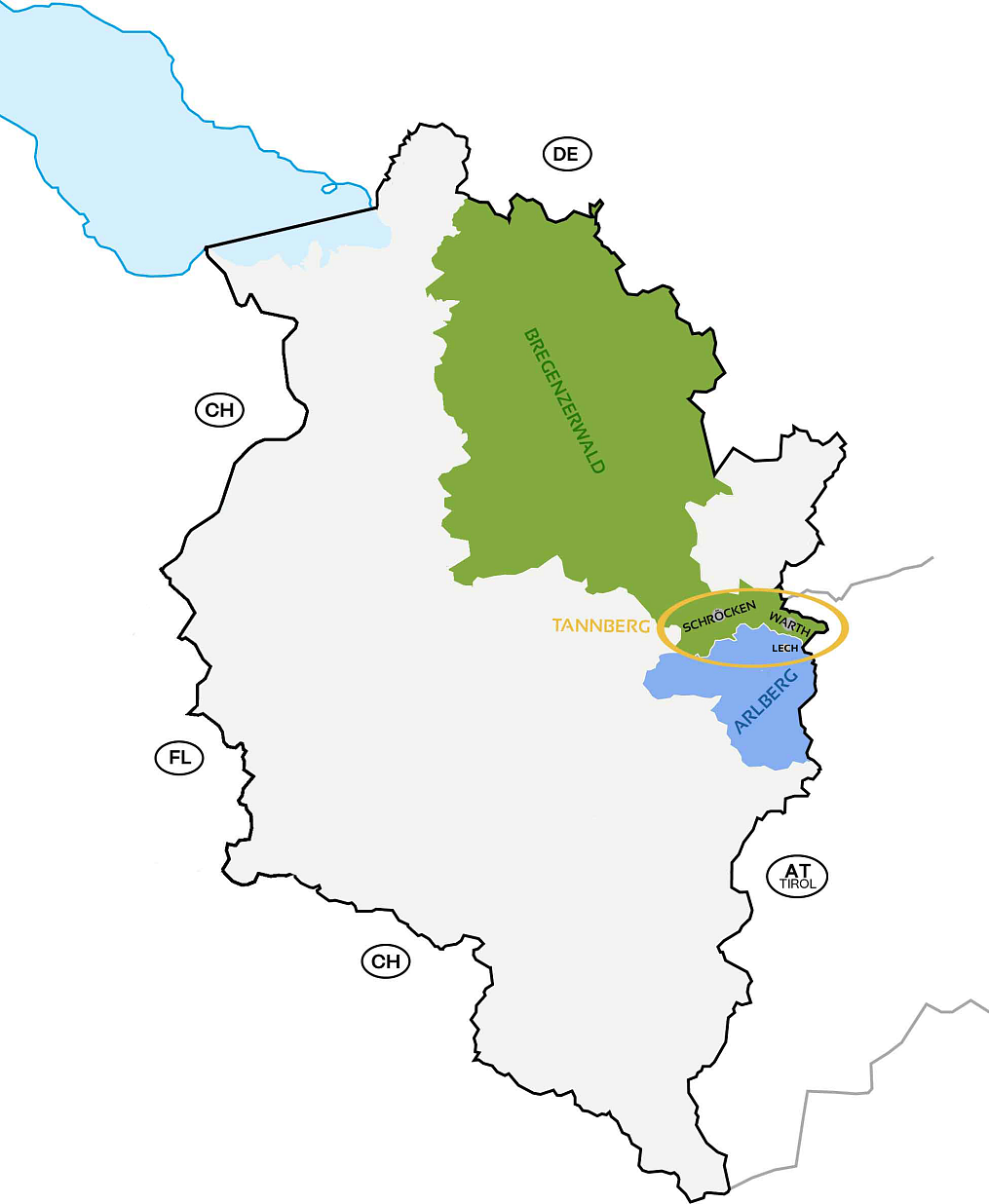 Map of Vorarlberg showing the regions and the location of Warth-Schröcken.