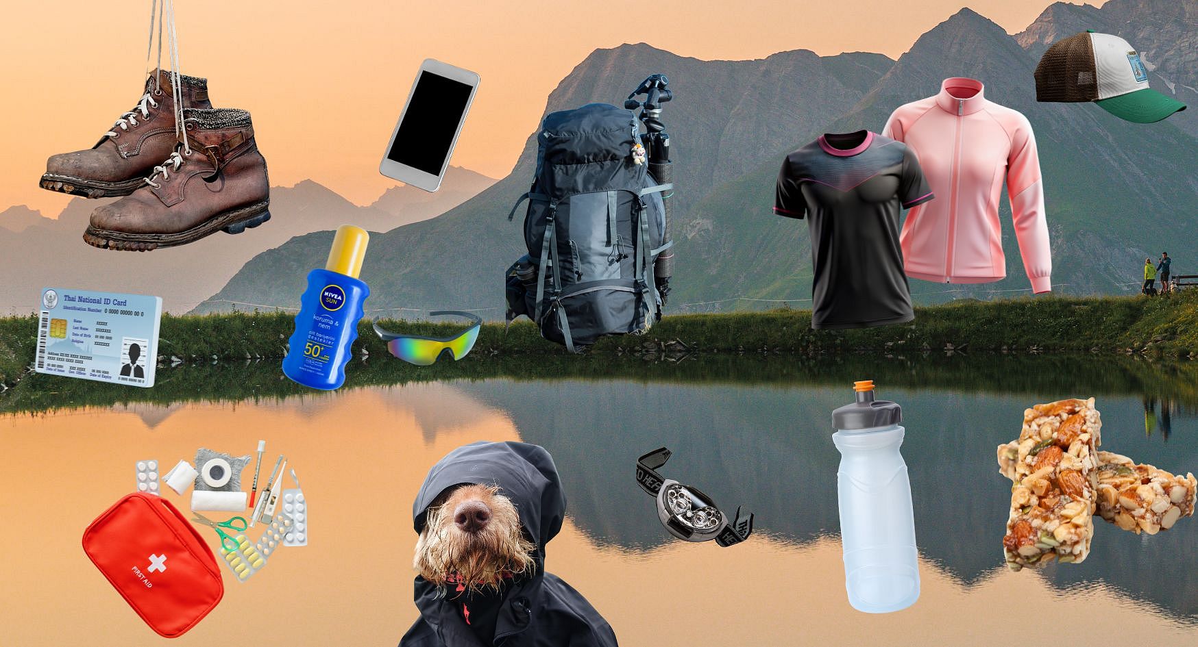 "Safe Hiking: Your Packing List for Perfectly Prepared Mountain Moments" – with a picturesque lake stretching out in the background.