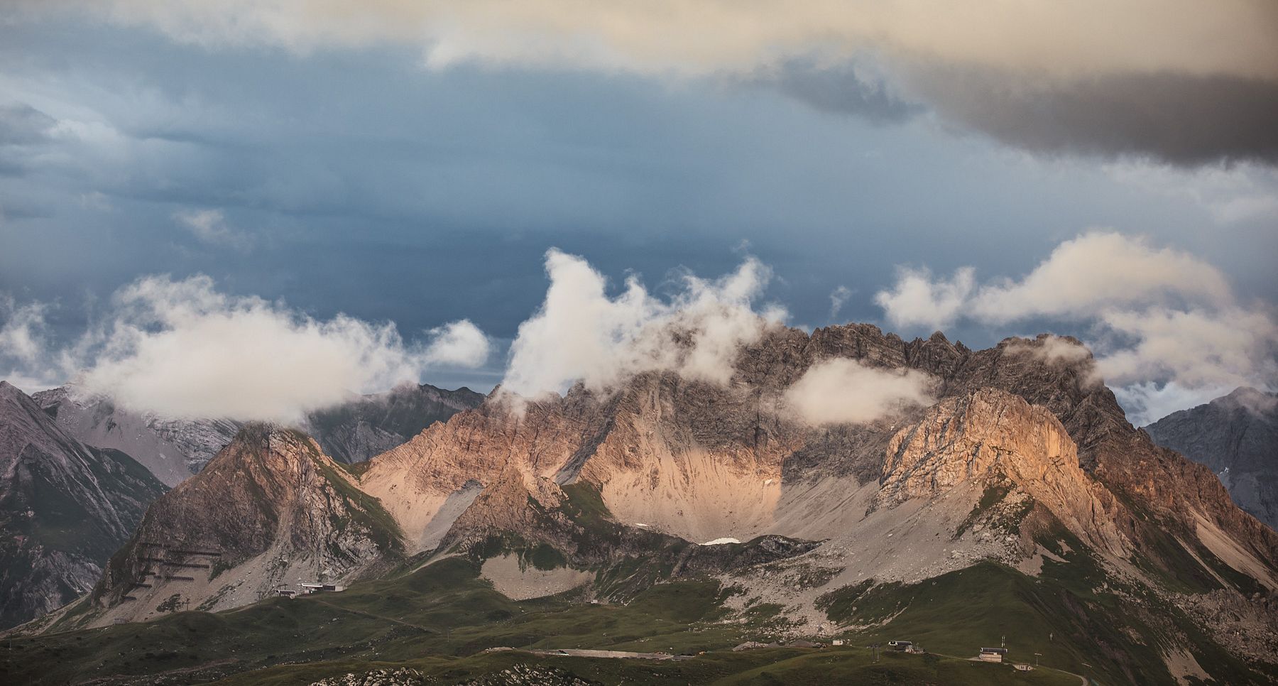 View of the Karhorn at twilight, with clouds partially covering the sky.