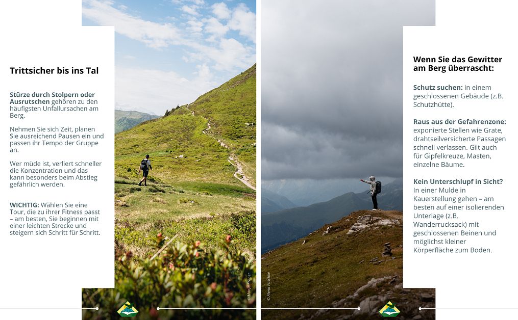 Zwei Bilder mit Texten, die zu Trittsicher Wandern und Gewitter am Berg passen.