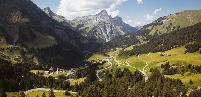 Aerial view of Schröcken, nestled within the surrounding mountain landscape.