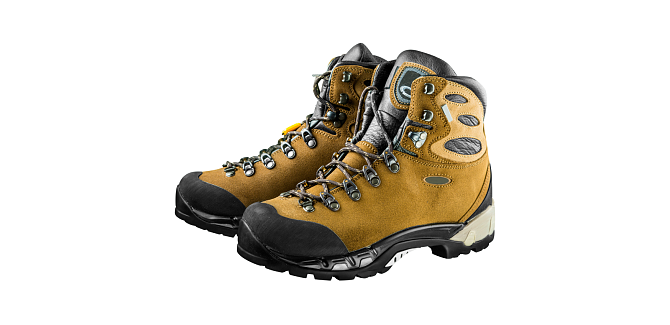 A yellow mountain boot.