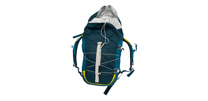 A blue backpack with striking yellow stripes.