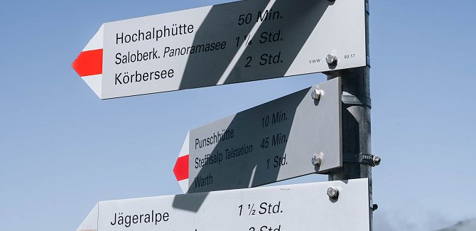 Several hiking signs point in different directions, showing the way.