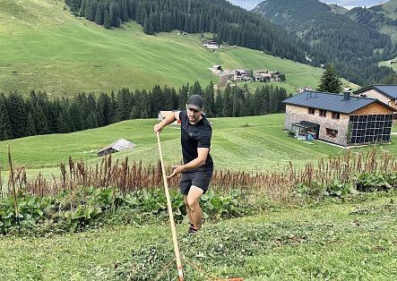 Johannes Strolz is gathering his hay with a rake.