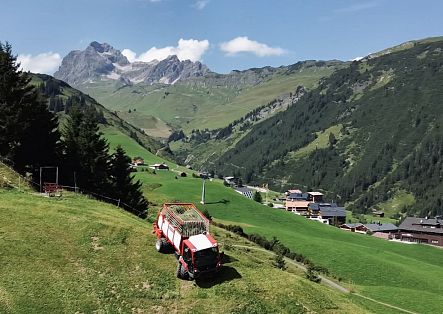 Johannes and Hubert Strolz work with a loader in steep terrain, with Warth stretching out in the background.