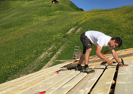 Johannes Strolz nails a board onto a roof, with a blooming meadow stretching out behind him.