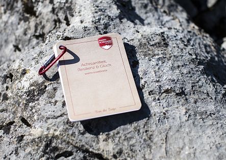 A close-up of a set of mindfulness cards resting on a stone.