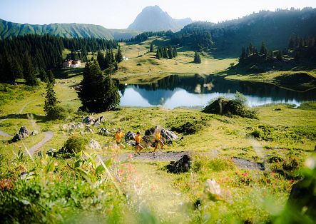 Three trail runners from DLF are running past Körbersee through a green, blooming landscape.