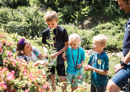 A group of children explores nature with two adults. They examine plants while a woman explains something to them.